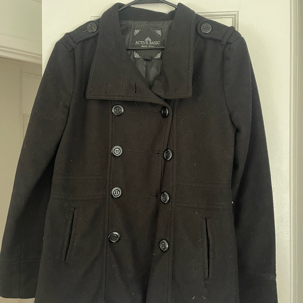 Active Basic Black Pea Coat Double-Breasted Wool